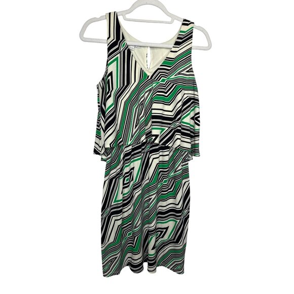 Maggy London Women’s 6 Green Cream Black Geometric Stripe Sleeveless Dress Work - Picture 1 of 11